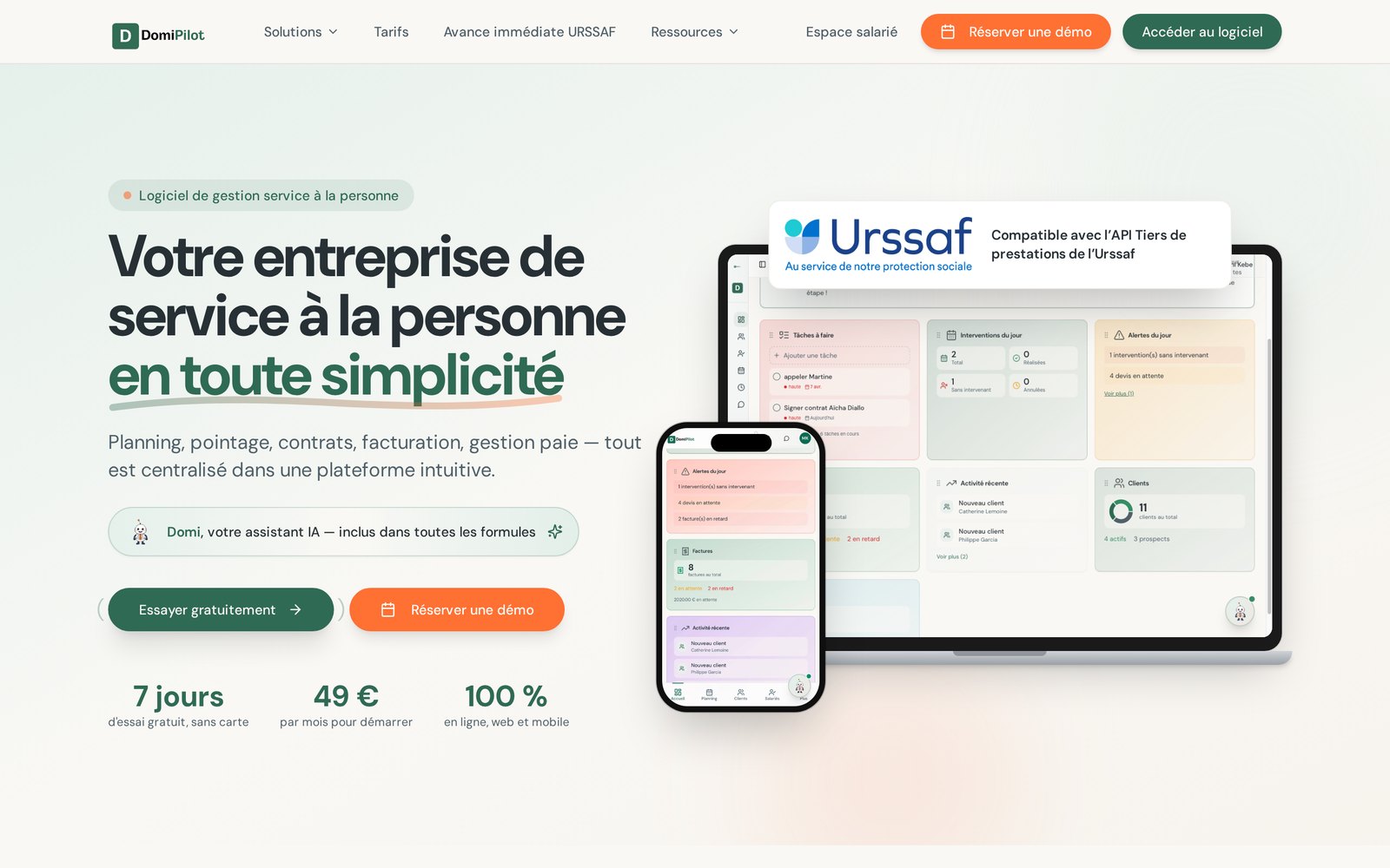 DomiPilot — page d'accueil et tableau de bord du logiciel